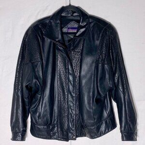 Vintage 90s Hemingway Black Leather Jacket With Animal Print Accents XL